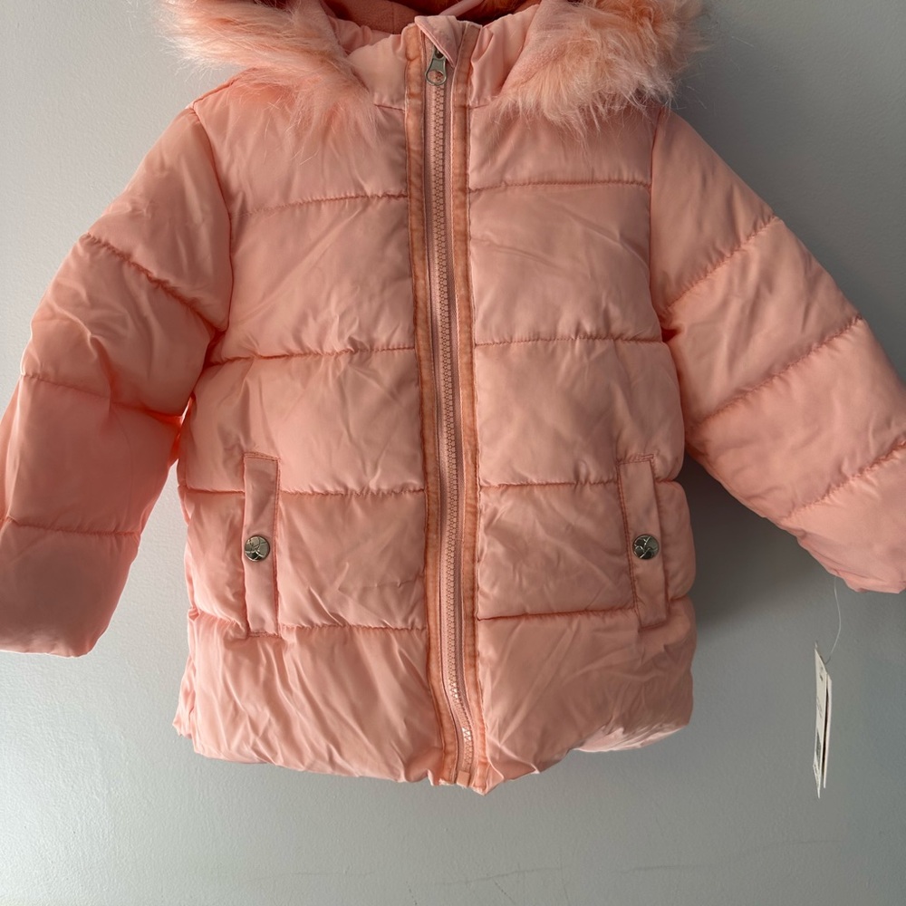 NWT, Pink Puffer Jacket with Faux Fur Hood